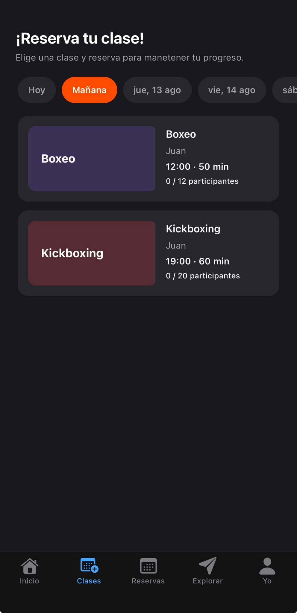 Calendario de clases dirigidas en la app de SwiftFit, con horario, entrenador y plazas por sesión