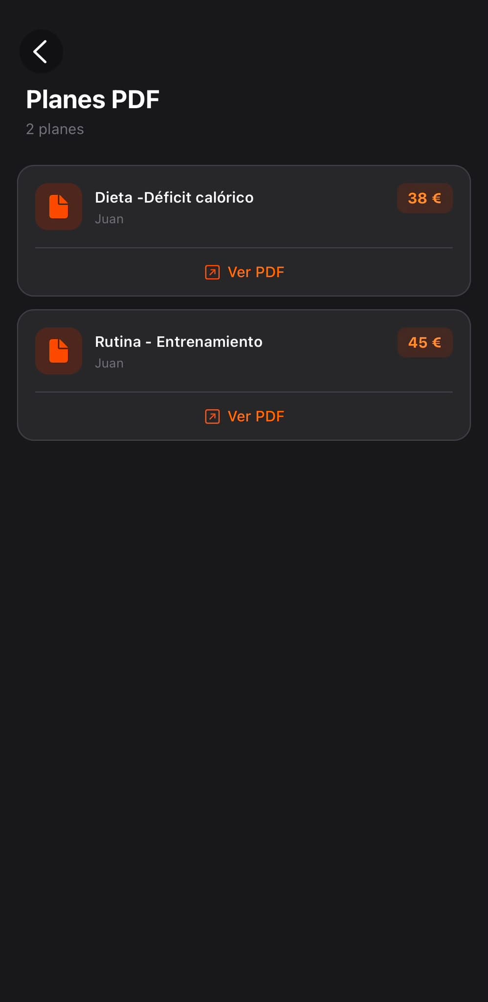 Tarifas del centro en la app de SwiftFit, con la cuota mensual de cada actividad