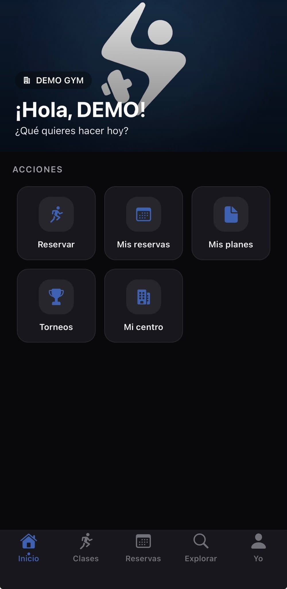 SwiftFit app home with shortcuts to book, my bookings, my plans, tournaments and my centre