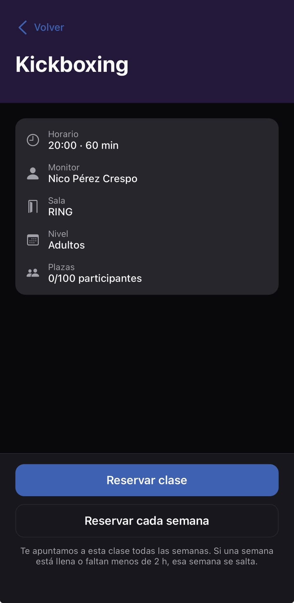 Class detail in the SwiftFit app with the book class and book every week buttons