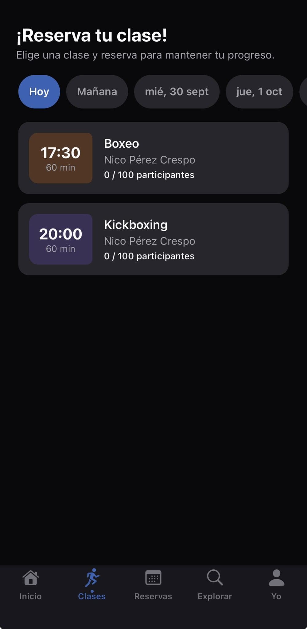 Booking screen in the SwiftFit app: today's classes with time, trainer and spots taken
